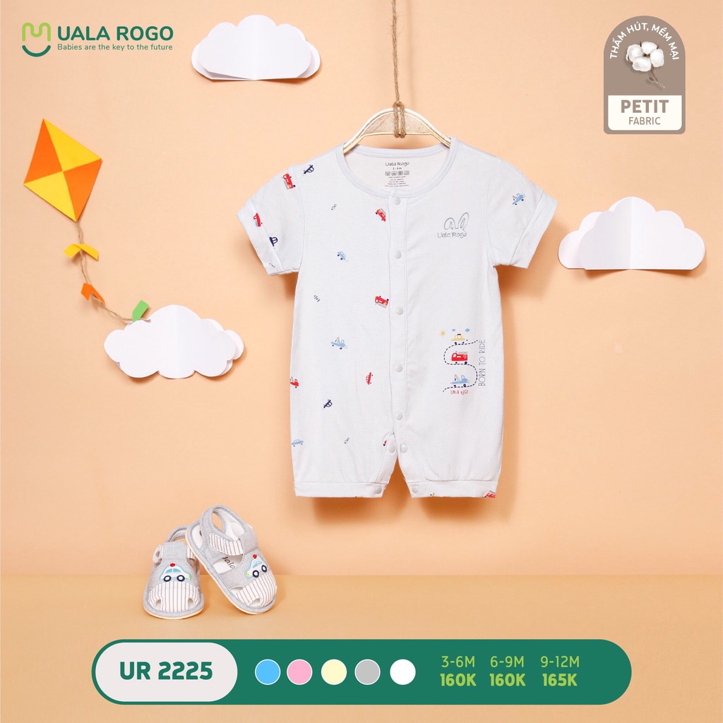 Bodysuit cho bé sơ sinh Uala rogo 0-12 tháng cộc tay vải Petit co giãn gọn gàng cúc giữa dễ thay bỉm UR 2225