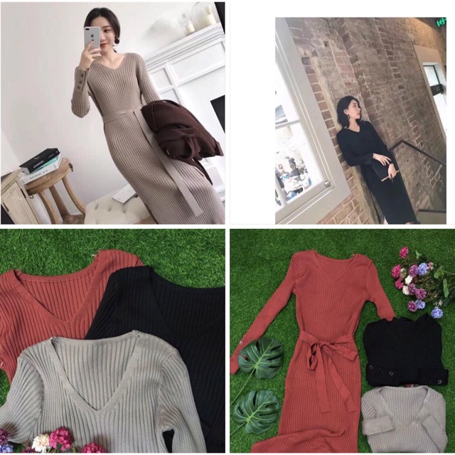 Váy len cổ tim dây thắt eo