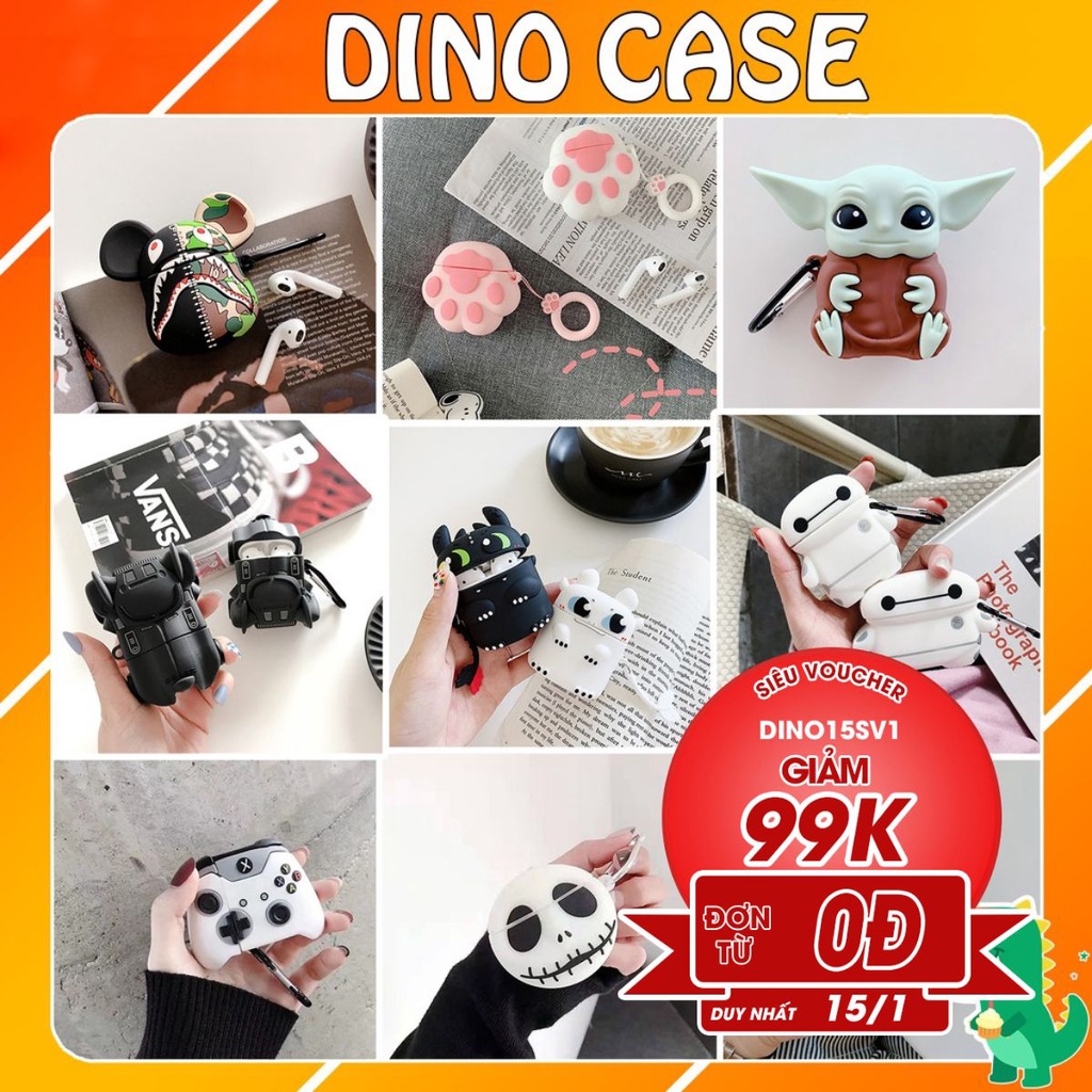 Case Vỏ Bao Airpod Đựng Tai Nghe Airpods 1 2 Pro Hình Thú Siêu Cute Bằng Sillicone Dẻo Tặng Kèm Móc - Dino case Link 1