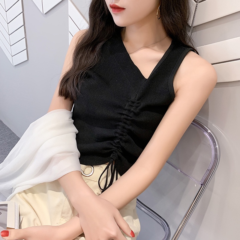 Áo croptop nữ áo kiểu dây rút chéo không tay dệt kim thời trang quyến rũ mẫu mới nhất S4T1-2