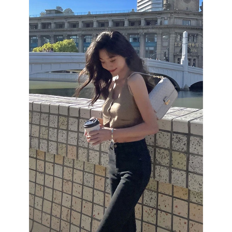 Ling GAN KA NU Áo Hai Dây Dệt Kim Ngắn Hở Rốn Thiết Kế Gợi Cảm Cho Nữ