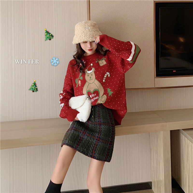 Set Áo Sweater Màu Đỏ Phối Chân Váy Len Lưng Cao Phong Cách Giáng Sinh