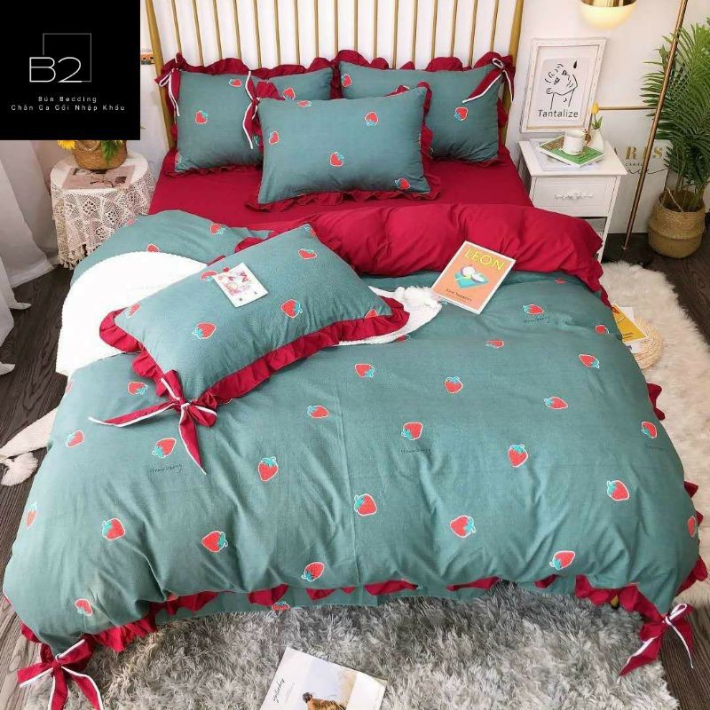Bộ Chăn Ga Gối Chất Liệu Cotton Silk Bèo Nơ Cute Nhập Khẩu 4 Món - loại 1