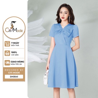 Đầm công sở CITI MODE FASHION dáng xòe thiết kế cổ v tạo kiểu nơ ngực DH3542