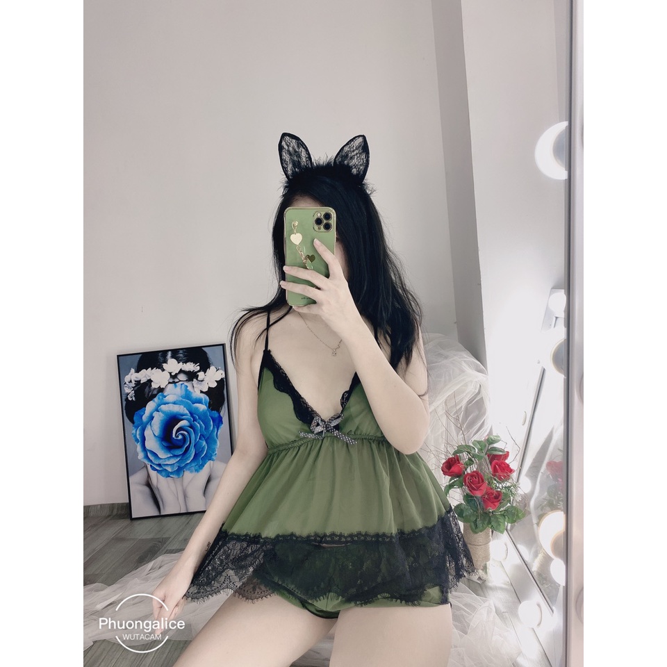 Đồ ngủ nữ hai dây, bộ ngủ sexy có mút ngực chất voan phối ren chéo lưng mặc ngủ- Phuongaliceshop