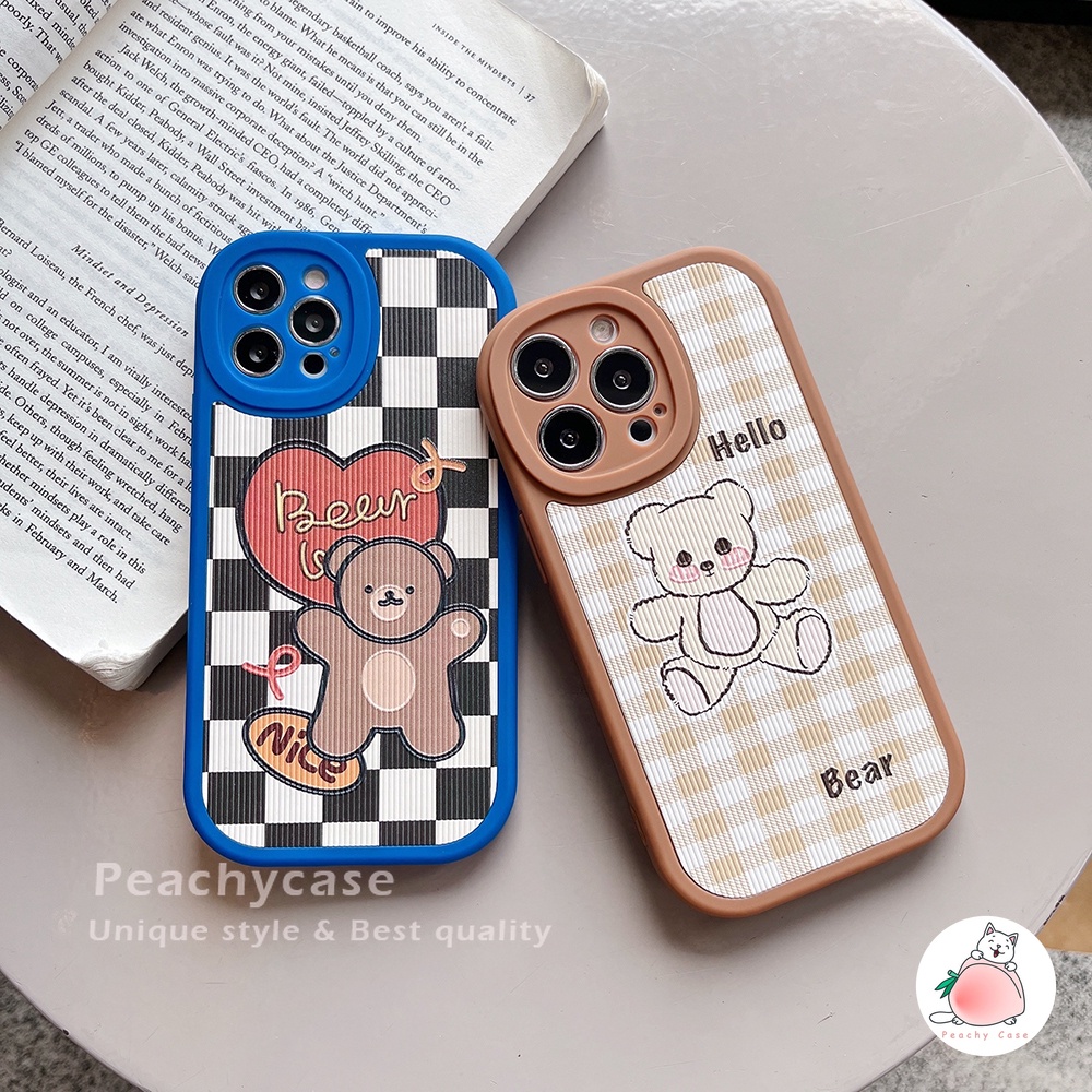 Ốp điện thoại TPU mềm phối da họa tiết sọc caro hình gấu cho IPhone 13 12 11 Pro Max X Xs Max XR 7 8 Plus 12pro