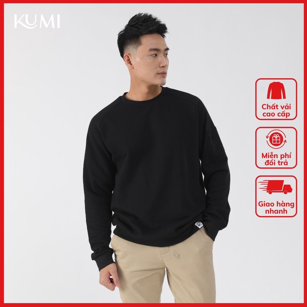 Áo Nỉ Nam Unisex Túi Khóa Tay Chất Nỉ Bông Cao Cấp, Áo Nỉ Trơn Basic Cao Cấp Cổ Tròn Kumi Fashion - Đen