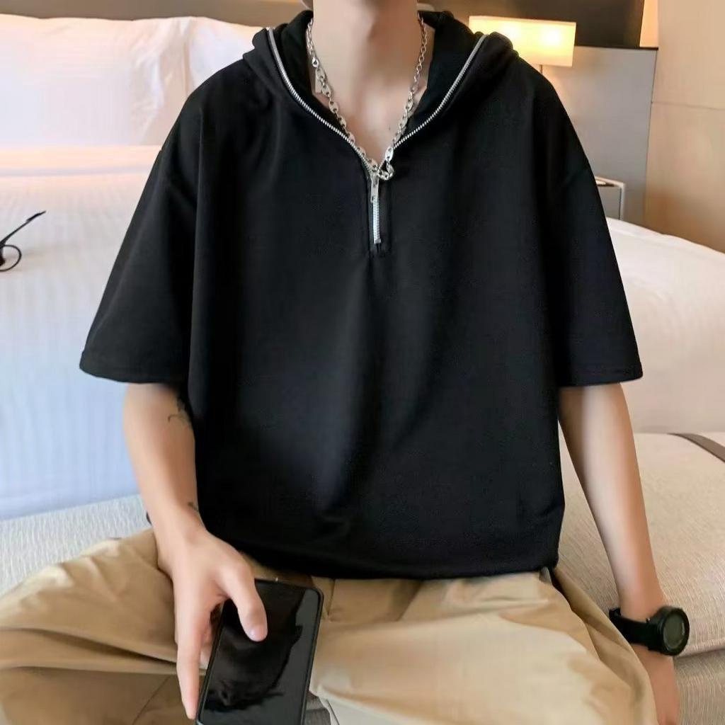 Áo hoodie Tay Ngắn Dáng Rộng Có Khóa Kéo Màu Trắng Trơn Thời Trang Cho Nam