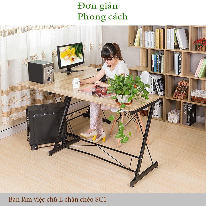 Bàn chữ L gaming dành cho game thủ làm việc, học tập chân chéo SC có ngăn kéo màu Đen, Gỗ dài 120cm