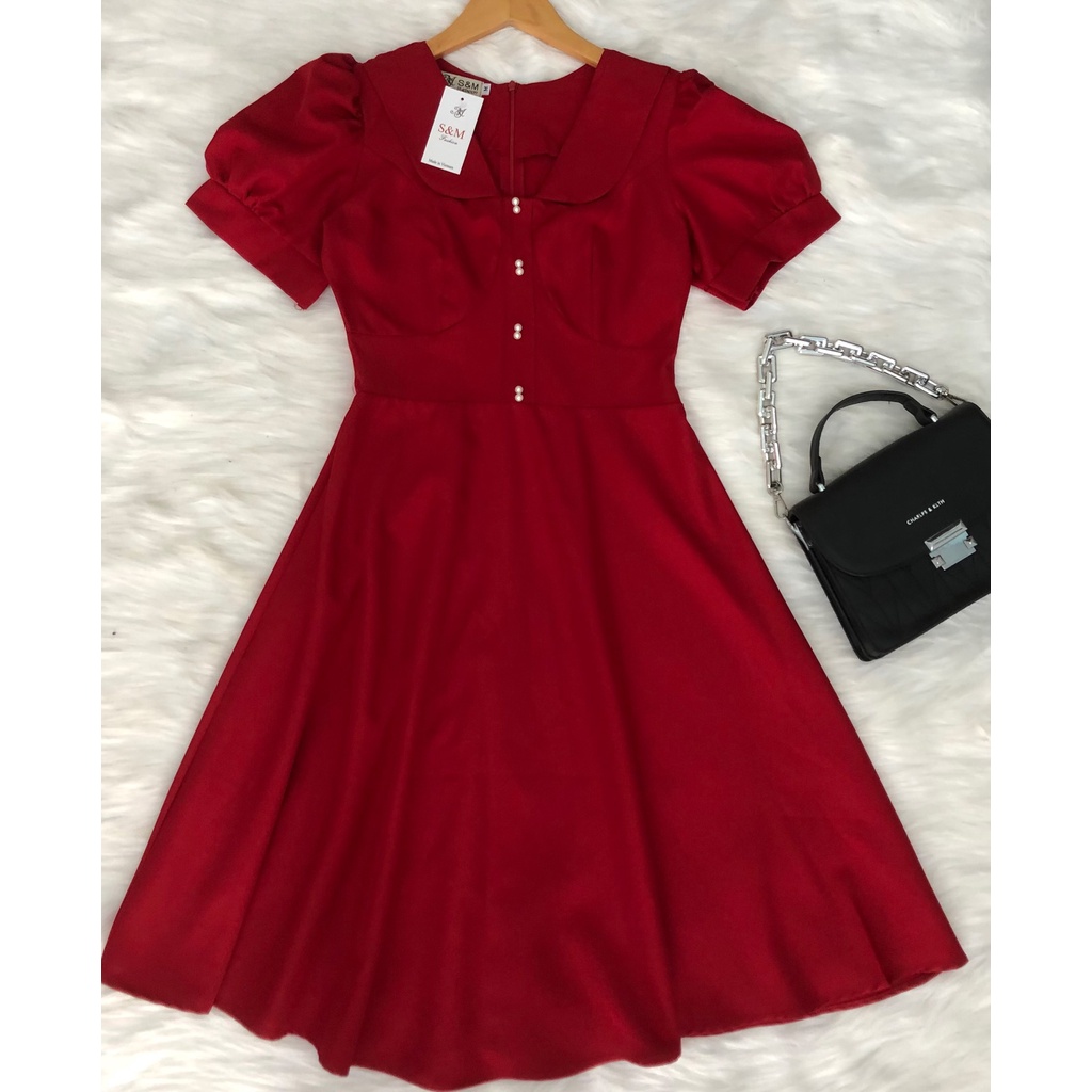 Đầm xòe cổ lá sen tay phồng đính nẹp đính nút - GR0217 (hình thật shop chụp)