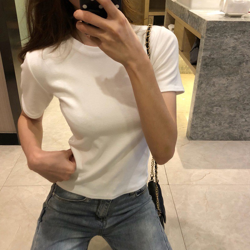 Fashion Round Neck Solid Color Short-sleeved T-shirt Women's Summer Top