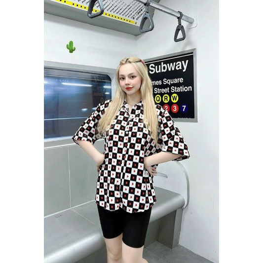 💗 Áo sơ mi form rộng caro full tim , chất Kate lụa 100%, Size<62kg