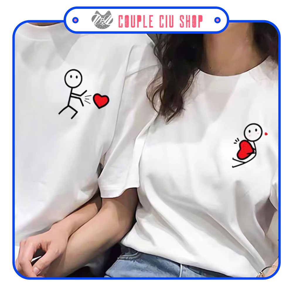 Áo thun (áo phông) cặp đôi dáng unisex Couple Ciu cho nam nữ - Họa tiết người que bắn tim, hai màu đen trắng