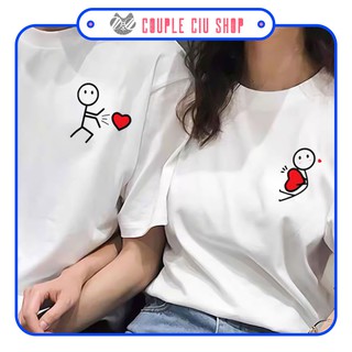 Áo thun (áo phông) cặp đôi dáng unisex Couple Ciu cho nam nữ - Họa tiết người que bắn tim, hai màu đen trắng