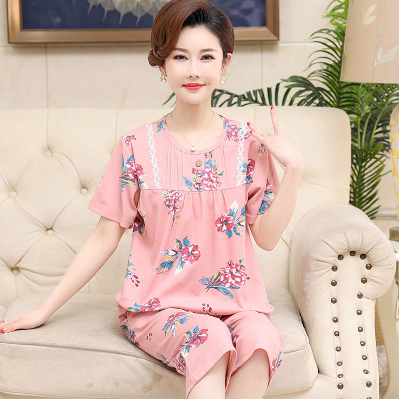 Đồ ngủ cho mẹ, nữ trung niên và cao tuổi, ngắn tay cotton size lớn ban ngày phong cách mỏng phục vụ tại nhà phù h