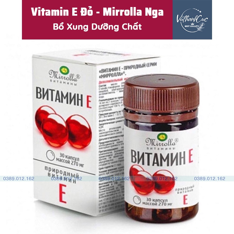 [CHÍNH HÃNG NGA] Vitamin E Đỏ Nga Mirrolla 270mg Và 400mg Hộp 30 viên, Da Căng Bóng, Trắng Sáng Mịn Màng