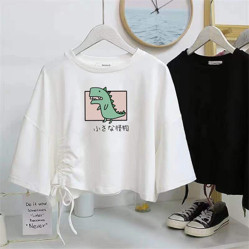 Áo Thun Tay Ngắn Dáng Rộng Phối Dây Rút Phong Cách Hàn Quốc Thời Trang Mùa Hè Cá Tính