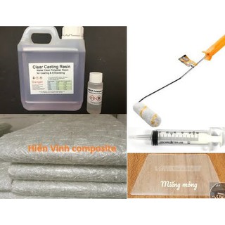 Combo gồm 10 kg keo composite (polyester) + 4 kg sợi mat 300 + xúc tác, xi lanh, cọ lăn, bột đá, chất chống rít bề mặt.