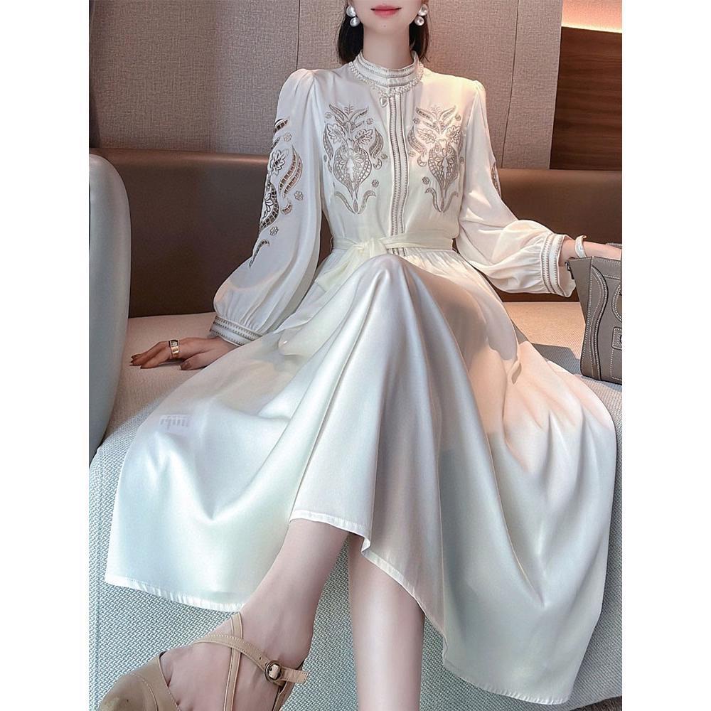 Đầm Công Chúa Giả Lụa Cổ Đứng Tay Phồng Thêu Họa Tiết Thời Trang Mùa Hè Cho Nữ