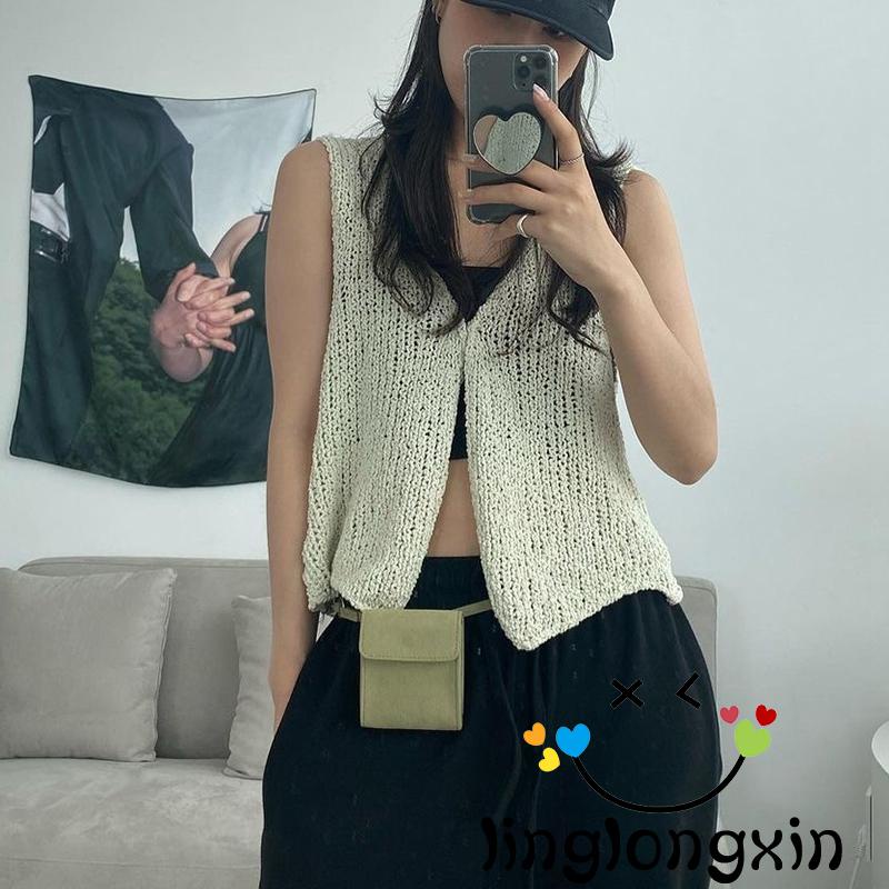 Linglongxi2-áo Cardigan Dệt Kim Không Tay Cổ Chữ V Cài Nút Màu Trơn Phong Cách Đường Phố Mùa Xuân Hè Size S M L Dành Cho Bạn
