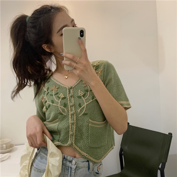 SUXI Áo Croptop Dệt Kim Tay Ngắn Cổ Chữ V Thêu Họa Tiết Thời Trang Mùa Hè Phong Cách Hàn Quốc