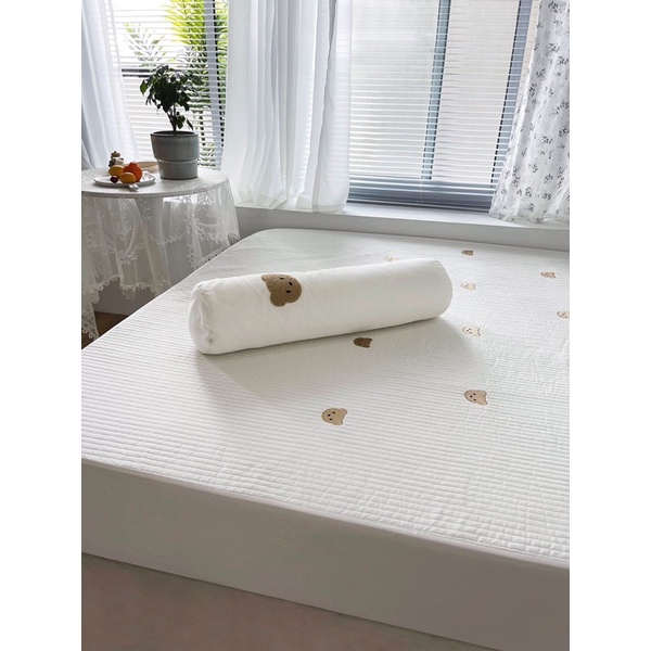 Set 3 món ga gối trần bông cotton line thêu hoạ tiết gấu teddy bear vitage
