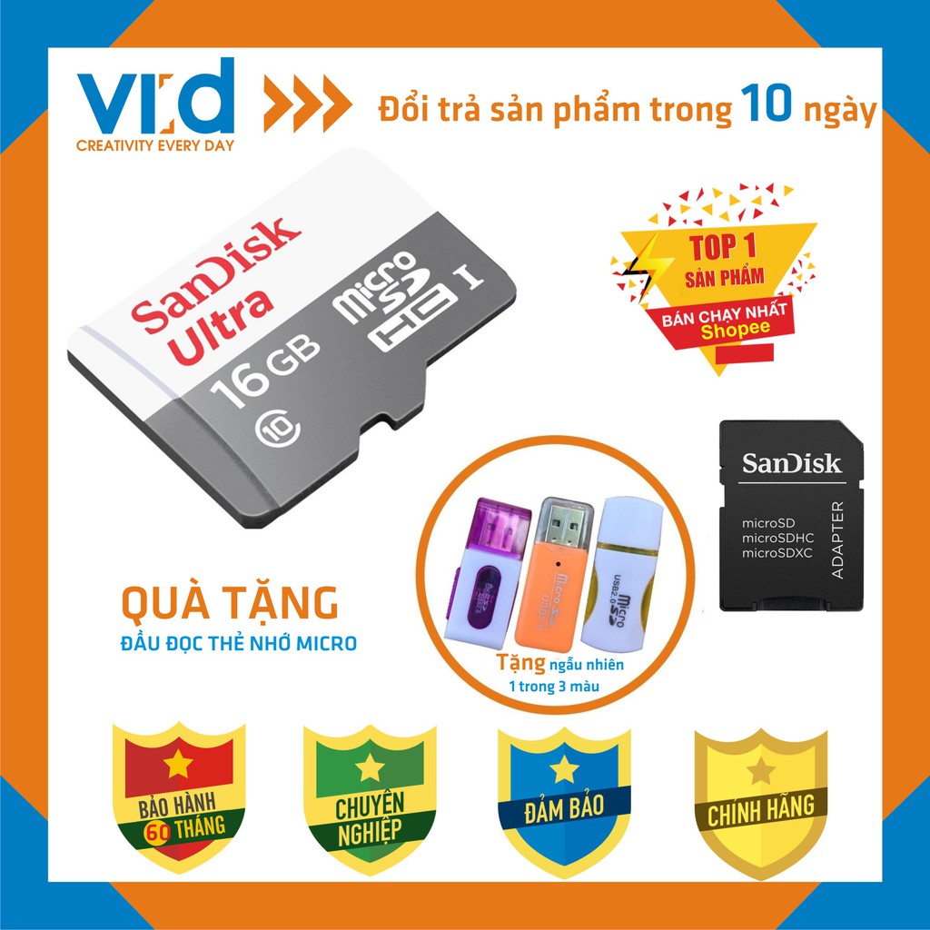 Thẻ nhớ Micro SDHC Sandisk Ultra 16GB upto 100MB/s 667x - Bảo hành chính hãng 5 năm
