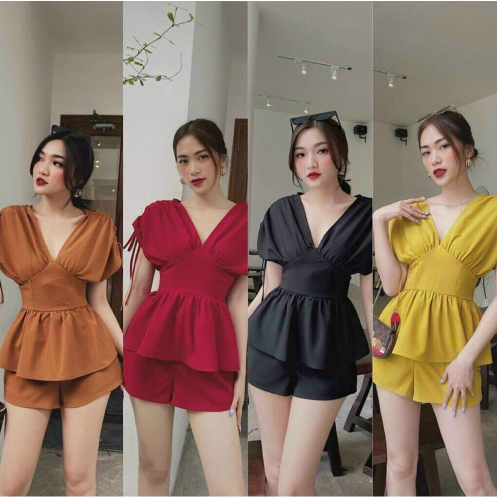 Set bộ vải for cổ chữ tay áo dây rút, set bộ hai món áo kiểu kèm quần ngắn