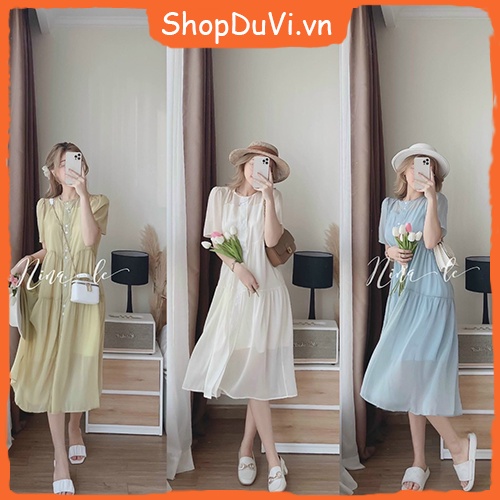 Đầm đi biển maxi dài cổ kín tròn tay ngắn chất voan chifon kèm lót phối nút giữa