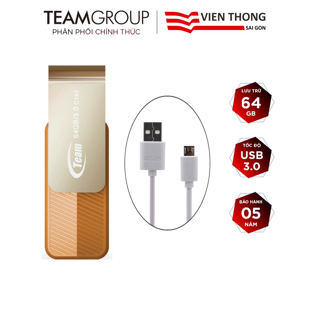 USB 3.0 Team Group C143 64GB nắp xoay 360 + Cáp micro USB tròn Romoss