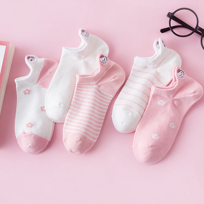 Cute Cat Embroidered Heel Protector Ankle Socks Girls Women Cotton Animals School Japanese Non Slip White Pink Low Cut Socks Kawaii
