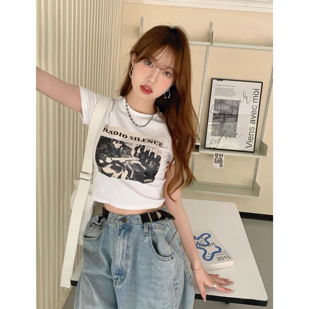 Áo croptop tay ngắn PINKSTORE29, dáng ôm họa tiết in hình VINTAGE A5476