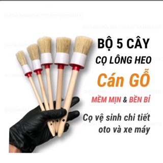 Bộ cọ 5 cây lông heo cán gỗ vệ sinh chi tiết oto ,xe máy