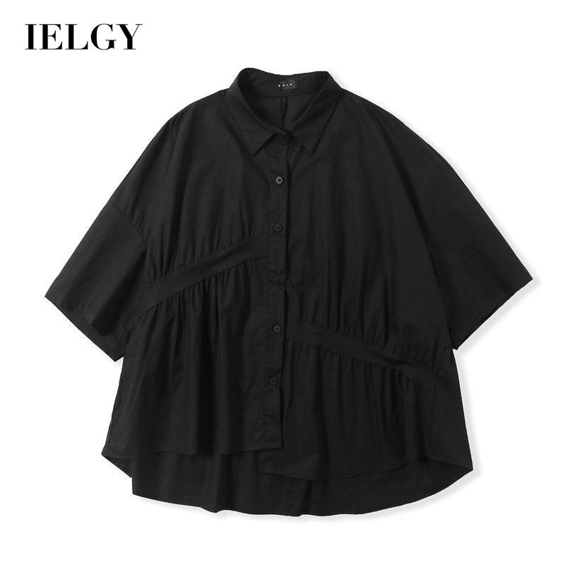 Áo sơ mi IELGY thiết kế tay ngắn dáng rộng không đồng đều phong cách retro Hong Kong dành cho nữ