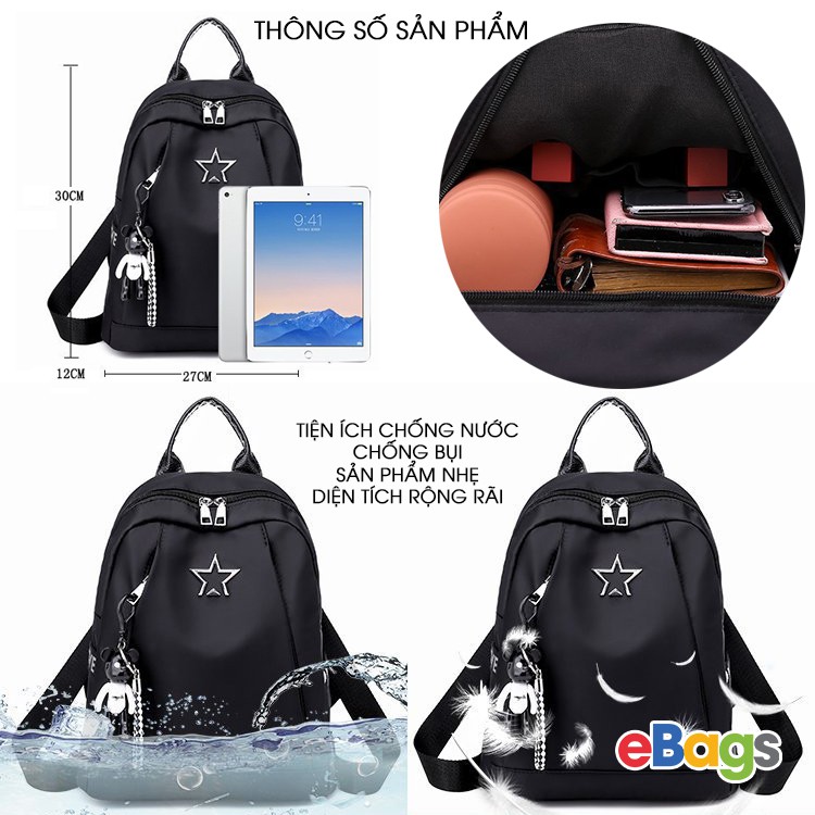 Balo Nữ Hình Ngôi Sao Màu Đen Sang Trọng Vải Dù Chống Thấm BEB67( không kèm móc khóa )