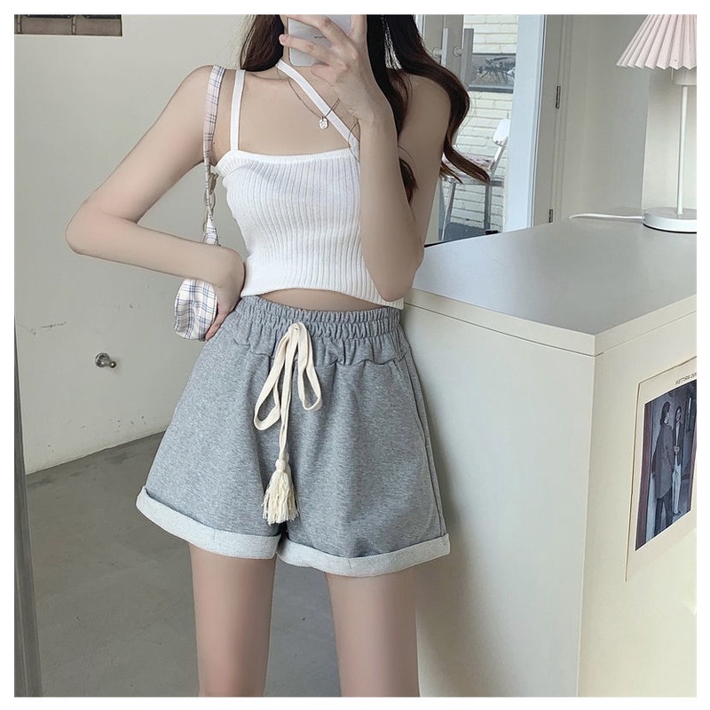 COZOKC Quần ngắn ống rộng Lưng Thun Phong Cách Hàn Quốc