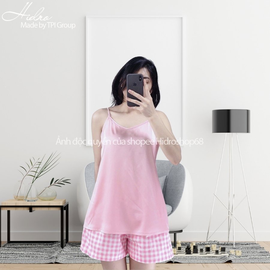 Bộ Hai Dây Lụa Satin Mix Quần Kẻ Caro Chất Đẹp