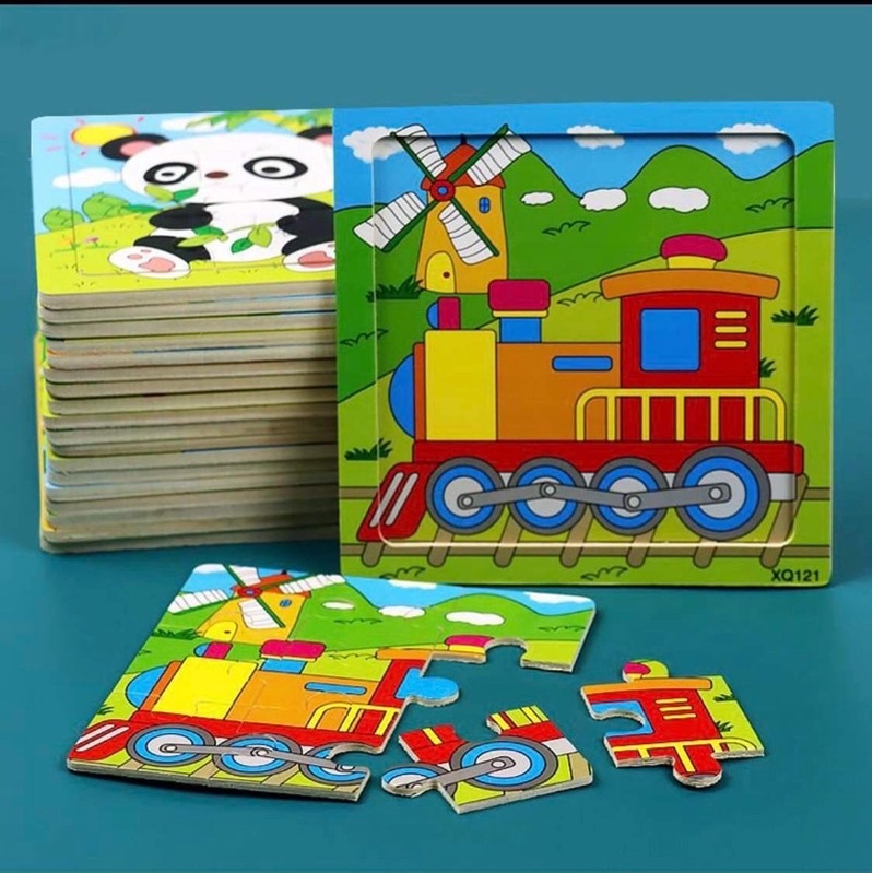 Đồ chơi xếp hình lắp ráp tranh ghép gỗ 9 mảnh hơn 20 mẫu ngộ nghĩnh size To 15*15cm