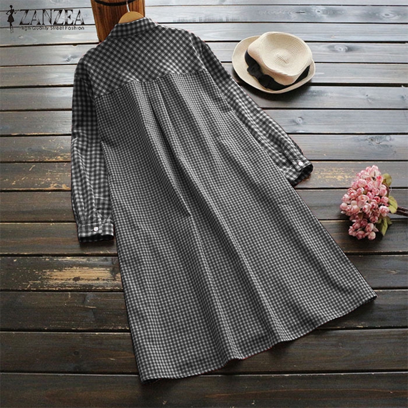 Đầm nữ ca rô ZANZEA dài tay cổ bẻ form dài rộng thời trang Hàn Quốc | BigBuy360 - bigbuy360.vn