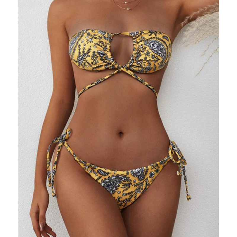 SOO-Women’s Sexy Two Piece Bikini Suits Fashion Printing Halter Tops and Lace-up Mid-waist Thong | BigBuy360 - bigbuy360.vn