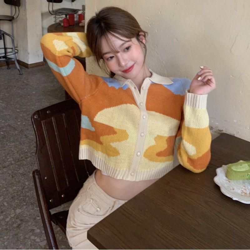 [ORDER] Áo Cardigan len cổ sơmi Orange Desert form croptop - Có ảnh thật