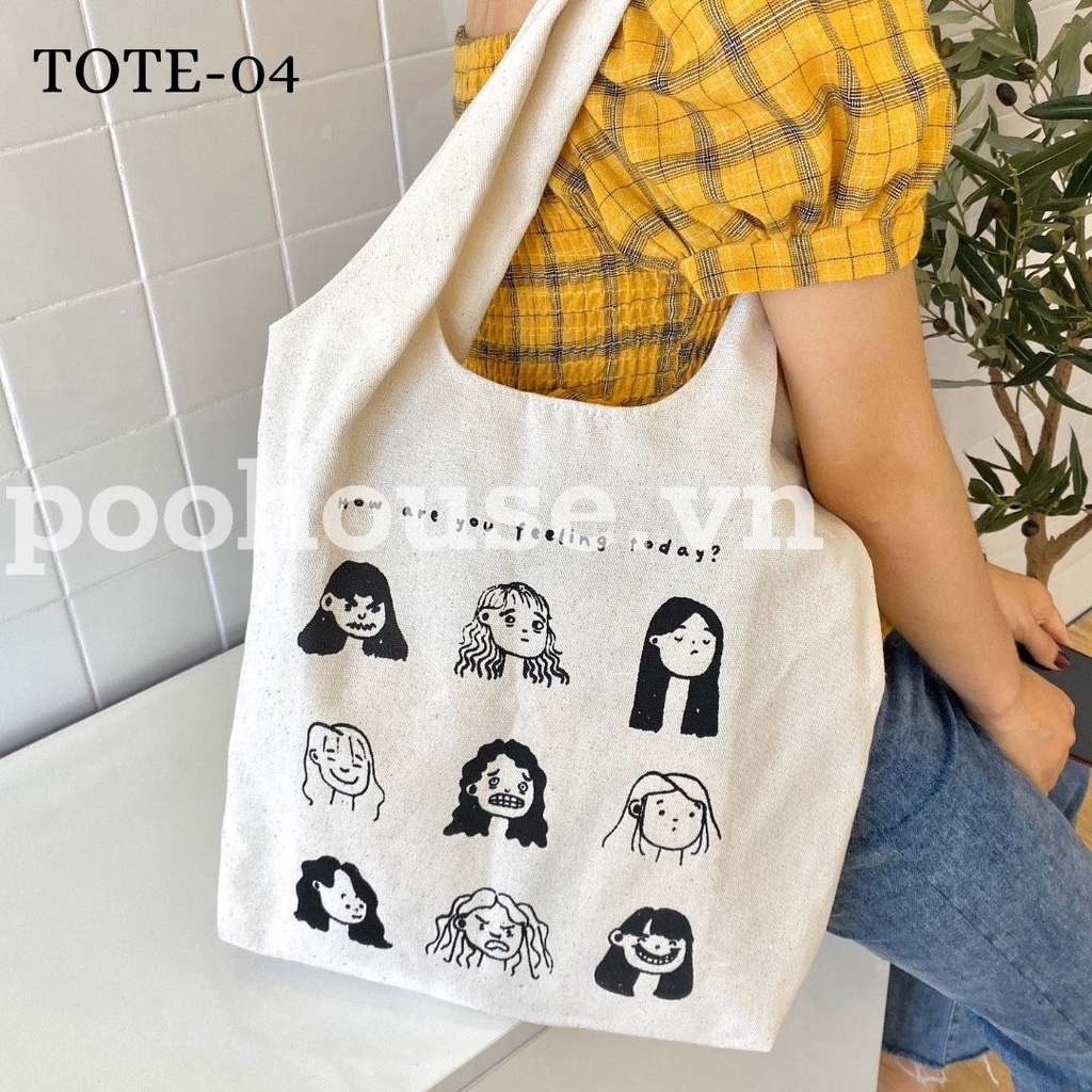 Túi tote, túi vải canvas mộc liền quai phong cách vintage, ulzzang Hàn Quốc