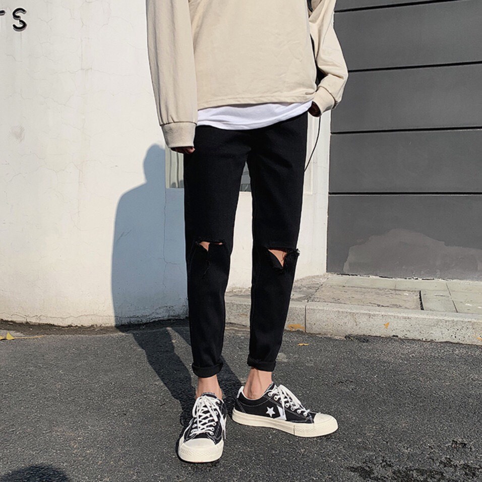 [FreeShip + Xả Khỏ] Quần Jean Nam Đen Rách Gối Vải Co Giãn, Không Phai Màu Dáng Skinny Trẻ Trung Năng Động - J04 | BigBuy360 - bigbuy360.vn