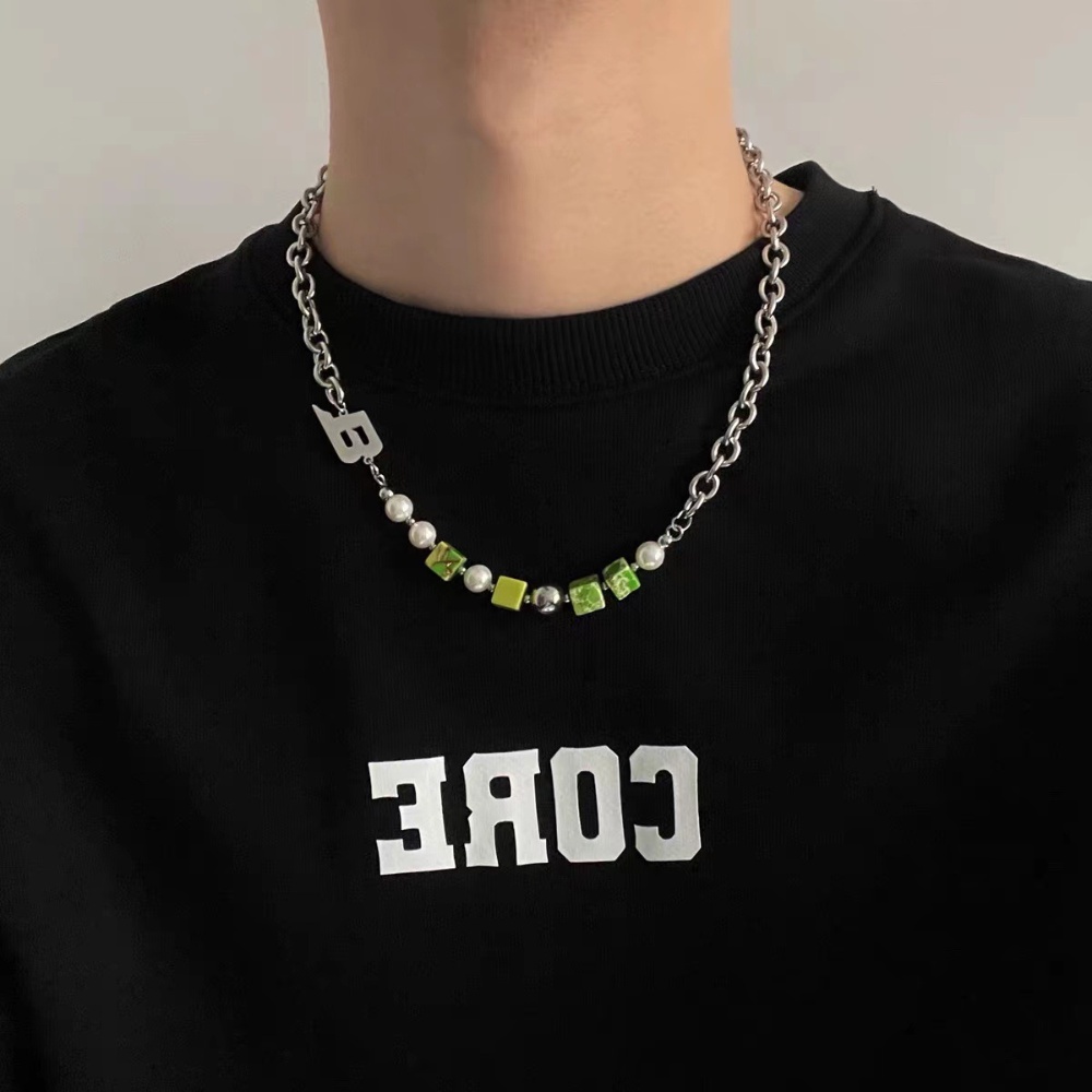 Vòng cổ Thép Titan Đính Hạt Hình Học Màu Xanh Lá Phong Cách Hip Hop Hàn Quốc Thời Trang Cho Nam Và Nữ