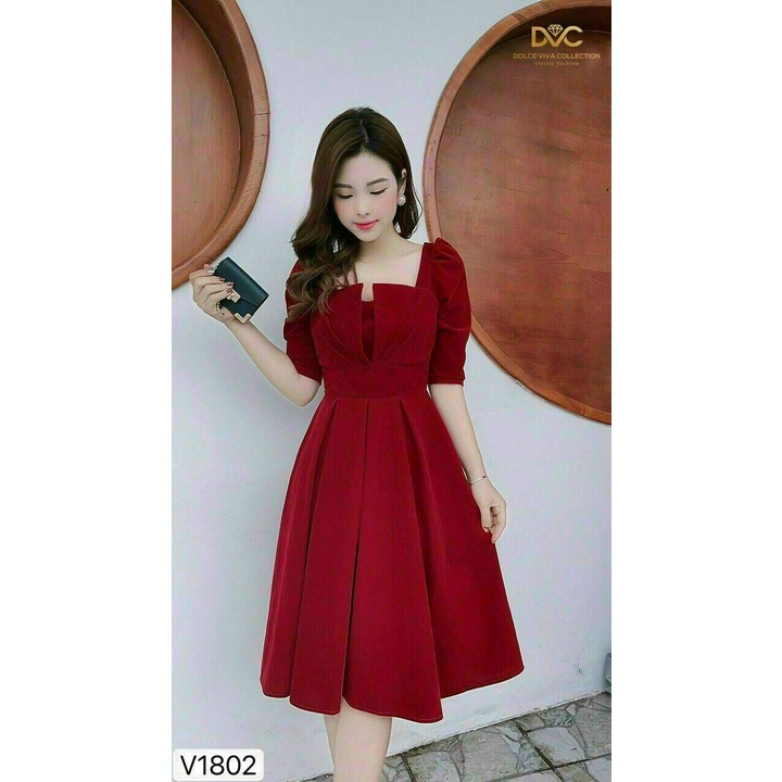 Váy đầm dự tiệc sang trọng màu đỏ đô cổ vuông dáng dài tay lỡ