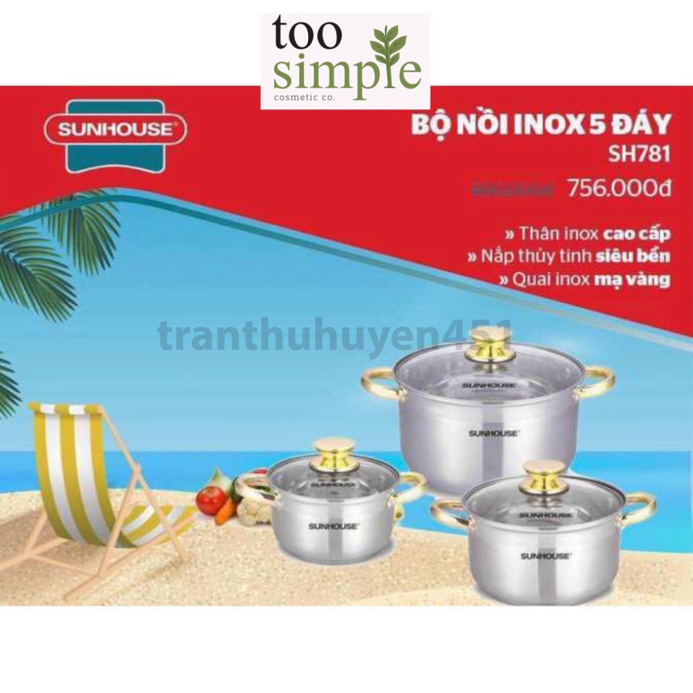 Bộ nồi Inox 5 đáy Sunhouse SH7810 dùng được bếp từ dày dặn, sáng bóng, đẹp gồm sz 16,20,24 (ảnh thật ở phía sau)