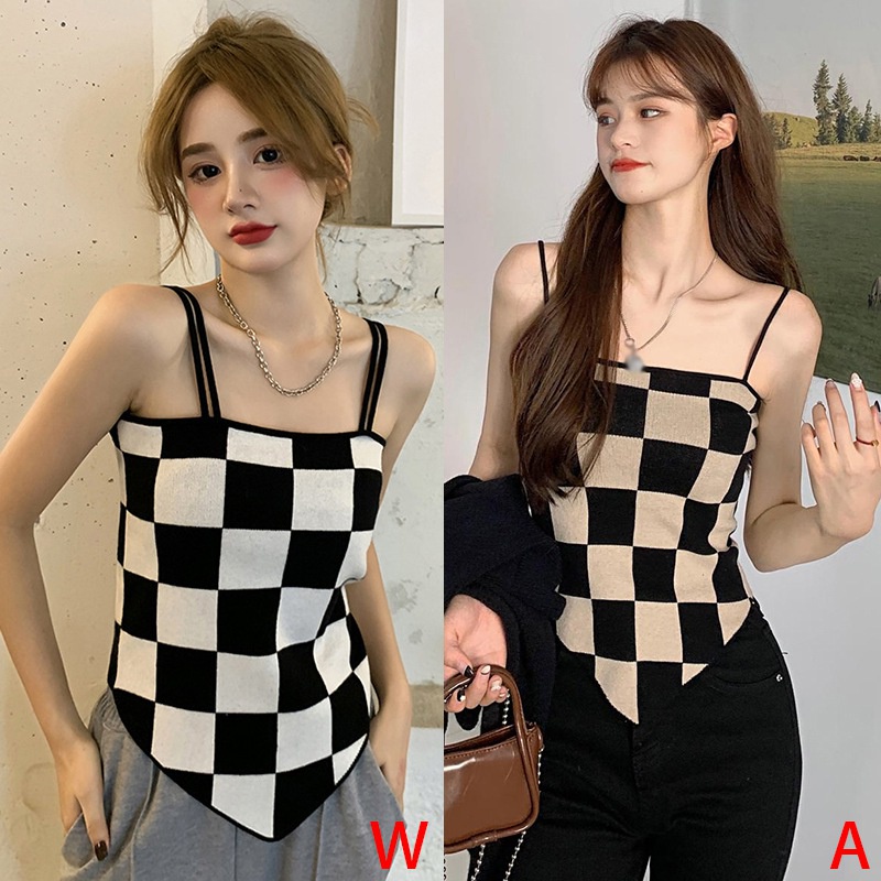 Áo hai dây dệt kim họa tiết sọc caro thiết kế độc đáo thời trang quyến rũ cho nữ