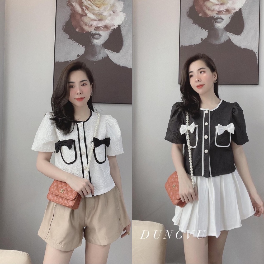 Áo Croptop - Áo Tay Phồng Ngắn Cổ Tròn Nơ Ngực Xinh Sắn Hk_shop9720