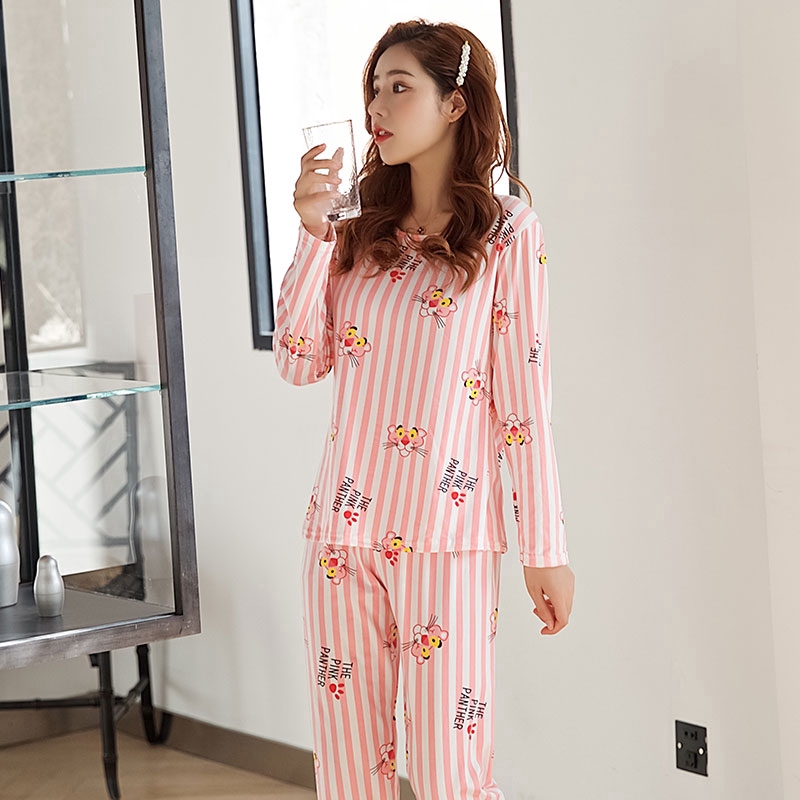 xiaohan korea spring autumn loose female nightwear round neck long sleeve sleepwear set women cute printed pajama suit | BigBuy360 - bigbuy360.vn