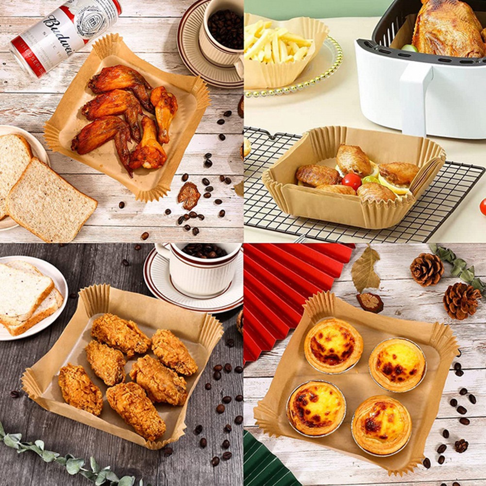 【VARSTR】100/50PCS Set Air Fryer Liner Paper Tray Square White Brown Non-Stick Pan Parchment Baking Paper Liner